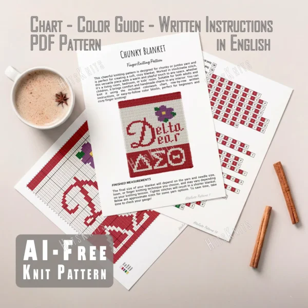 Delta Dear Blanket Finger Knitting Pattern - printable PDF pattern with 38 x 78 colorwork chart, colour guide, written instructions, and finished blanket preview in five colours.