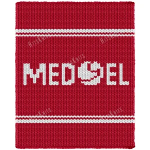 MED-EL Blanket Finger Knitting Pattern showing the MED-EL name in white block letters on a deep red background, framed by two thin white stripes, worked in stockinette colorwork with 2 colors: Red and White.