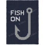 Fish On Angler Loom Knitting Blanket Pattern - white FISH ON lettering above a large gray fishing hook on a deep navy background, worked in stockinette colorwork with 3 colors: navy, gray, white.