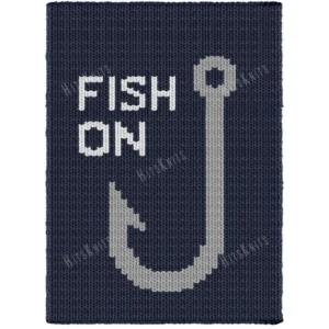 Fish On Angler Loom Knitting Blanket Pattern - white FISH ON lettering above a large gray fishing hook on a deep navy background, worked in stockinette colorwork with 3 colors: navy, gray, white.