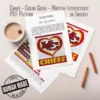 KC Chiefs Heart Finger Knit Blanket Pattern - interlocking KC letters in black inside a red heart with gold outline and CHIEFS lettering on white, worked in stockinette colorwork intarsia with 4 colors: White, Red, Yellow, Black.