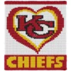 KC Chiefs Heart Finger Knit Blanket Pattern - interlocking KC letters in black inside a red heart with gold outline and CHIEFS lettering on white, worked in stockinette colorwork intarsia with 4 colors: White, Red, Yellow, Black.