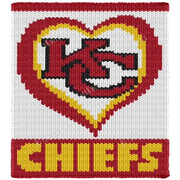 KC Chiefs Heart Finger Knit Blanket Pattern - interlocking KC letters in black inside a red heart with gold outline and CHIEFS lettering on white, worked in stockinette colorwork intarsia with 4 colors: White, Red, Yellow, Black.