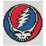 Steal Your Face Finger Knit Blanket Pattern - Grateful Dead Stealie skull with a thirteen-point red and blue lightning bolt in a black circle on ivory, worked in stockinette colorwork with 4 colors: Ivory, Black, Red, Blue.