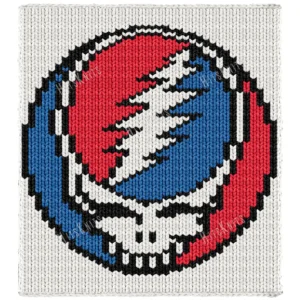 Steal Your Face Finger Knit Blanket Pattern - Grateful Dead Stealie skull with a thirteen-point red and blue lightning bolt in a black circle on ivory, worked in stockinette colorwork with 4 colors: Ivory, Black, Red, Blue.