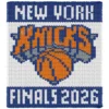 NY Knicks Finger Knit Blanket Pattern, New York basketball logo with KNICKS lettering and FINAL 2026 in bold team colors, worked in stockinette colorwork intarsia with 4 colors: White, Blue, Orange, Gray.