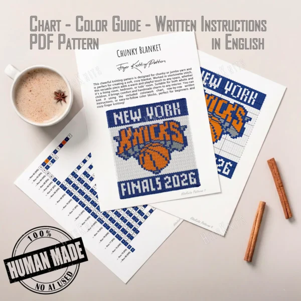 NY Knicks Finger Knit Blanket Pattern, New York basketball logo with KNICKS lettering and FINAL 2026 in bold team colors, worked in stockinette colorwork intarsia with 4 colors: White, Blue, Orange, Gray.