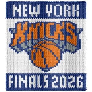 NY Knicks Finger Knit Blanket Pattern, New York basketball logo with KNICKS lettering and FINAL 2026 in bold team colors, worked in stockinette colorwork intarsia with 4 colors: White, Blue, Orange, Gray.