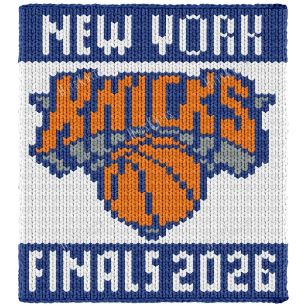 NY Knicks Finger Knit Blanket Pattern, New York basketball logo with KNICKS lettering and FINAL 2026 in bold team colors, worked in stockinette colorwork intarsia with 4 colors: White, Blue, Orange, Gray.
