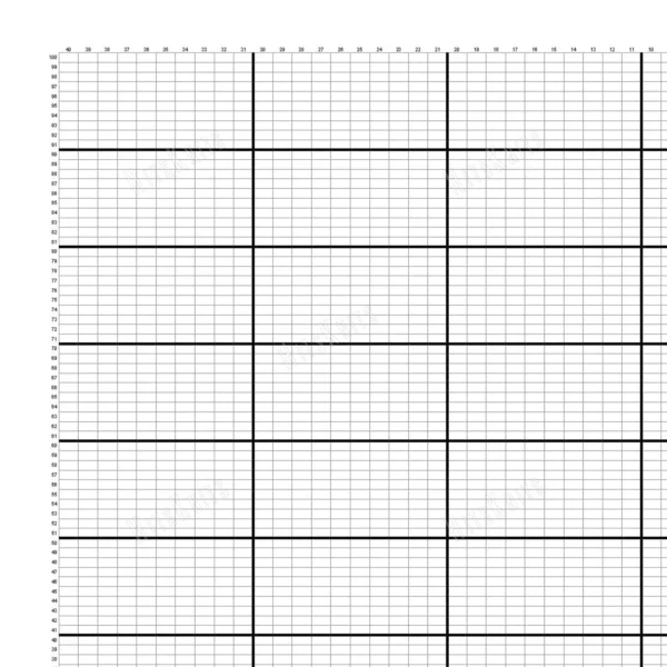 Free Printable Loom Knitting Chart 40x100 showing a blank grid of wide, short squares numbered 1 to 40 across and 1 to 100 down with bold guide lines every 10 squares, for designing loom knitting motifs with jumbo chenille yarn.