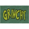 Grinchy Knit Blanket Pattern, GRINCHY spelled in lime graffiti letters with black outline on smoky green, festive landscape throw, worked in stockinette colorwork intarsia with 3 colors: Smoky Green, Lime, Black.