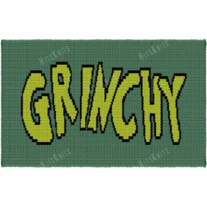 Grinchy Knit Blanket Pattern, GRINCHY spelled in lime graffiti letters with black outline on smoky green, festive landscape throw, worked in stockinette colorwork intarsia with 3 colors: Smoky Green, Lime, Black.