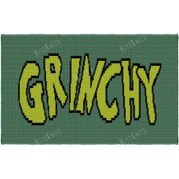 Grinchy Knit Blanket Pattern, GRINCHY spelled in lime graffiti letters with black outline on smoky green, festive landscape throw, worked in stockinette colorwork intarsia with 3 colors: Smoky Green, Lime, Black.