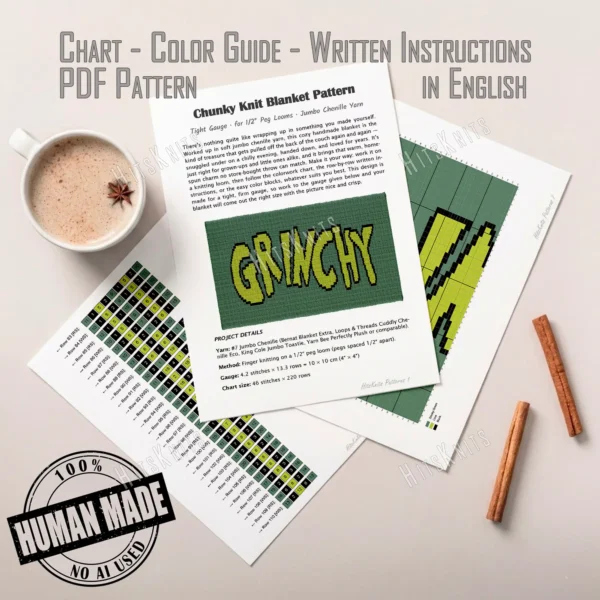 Grinchy Knit Blanket Pattern, GRINCHY spelled in lime graffiti letters with black outline on smoky green, festive landscape throw, worked in stockinette colorwork intarsia with 3 colors: Smoky Green, Lime, Black.