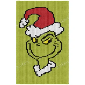Grinch Knit Blanket Pattern, the Grinch face in a Santa hat on lime green, festive Christmas throw, worked in stockinette colorwork with 5 colors: Lime, Black, White, Red, Yellow.