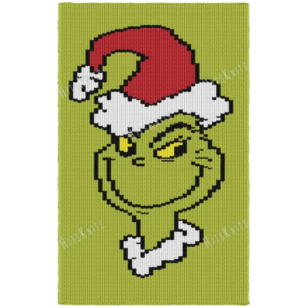Grinch Knit Blanket Pattern, the Grinch face in a Santa hat on lime green, festive Christmas throw, worked in stockinette colorwork with 5 colors: Lime, Black, White, Red, Yellow.