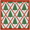 Christmas Tree Knit Pillow Panel Pattern - green Christmas trees in rows on a white ground framed by a red argyle lattice, worked in stockinette colorwork intarsia with 3 colors: white, red, green.
