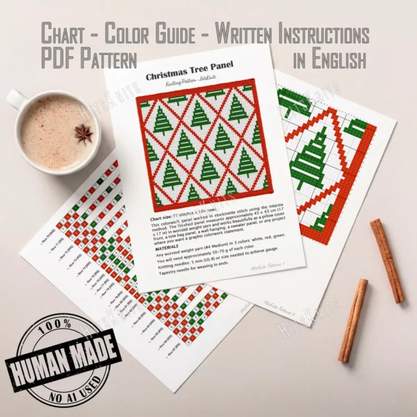 Christmas Tree Knit Pillow Panel Pattern - green Christmas trees in rows on a white ground framed by a red argyle lattice, worked in stockinette colorwork intarsia with 3 colors: white, red, green.