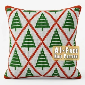 Christmas Tree Knit Pillow Panel Pattern - green Christmas trees in rows on a white ground framed by a red argyle lattice, worked in stockinette colorwork intarsia with 3 colors: white, red, green.