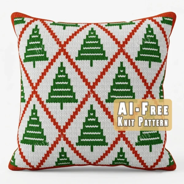 Christmas Tree Knit Pillow Panel Pattern - green Christmas trees in rows on a white ground framed by a red argyle lattice, worked in stockinette colorwork intarsia with 3 colors: white, red, green.