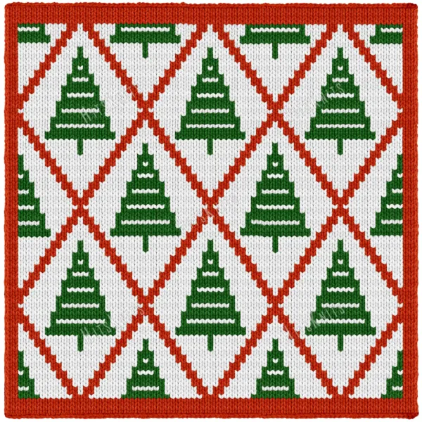 Christmas Tree Knit Pillow Panel Pattern - green Christmas trees in rows on a white ground framed by a red argyle lattice, worked in stockinette colorwork intarsia with 3 colors: white, red, green.