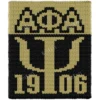 Alpha Phi Alpha 1906 Finger Knit Blanket, the greek letters Alpha Phi Alpha above a bold Psi chapter letter and the year 1906, worked in stockinette colorwork intarsia with 2 colors: Black and Gold.