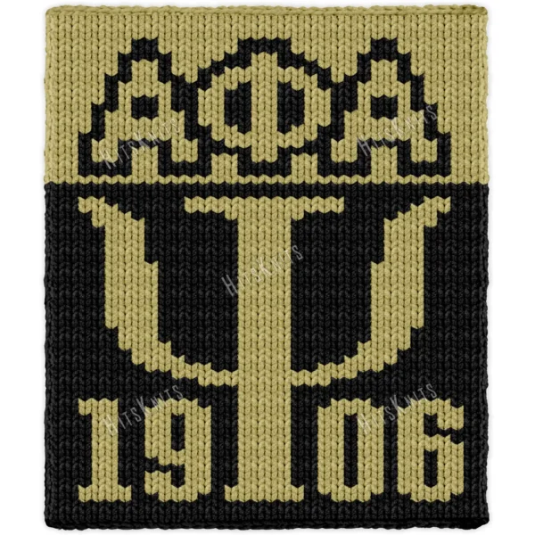 Alpha Phi Alpha 1906 Finger Knit Blanket, the greek letters Alpha Phi Alpha above a bold Psi chapter letter and the year 1906, worked in stockinette colorwork intarsia with 2 colors: Black and Gold.
