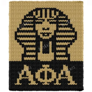 Alpha Phi Alpha Sphinx Knit Blanket Pattern, a golden pharaoh sphinx face in a striped nemes headdress above the greek letters Alpha Phi Alpha, worked in stockinette colorwork intarsia with 2 colors: Black and Gold.
