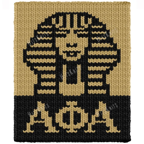 Alpha Phi Alpha Sphinx Knit Blanket Pattern, a golden pharaoh sphinx face in a striped nemes headdress above the greek letters Alpha Phi Alpha, worked in stockinette colorwork intarsia with 2 colors: Black and Gold.