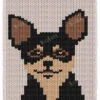 Chihuahua Finger Knit Blanket Pattern - a black and tan chihuahua face with large pointed ears, caramel inner ears, black mask and beige muzzle, on an ivory background, 4-color colorwork graphghan.