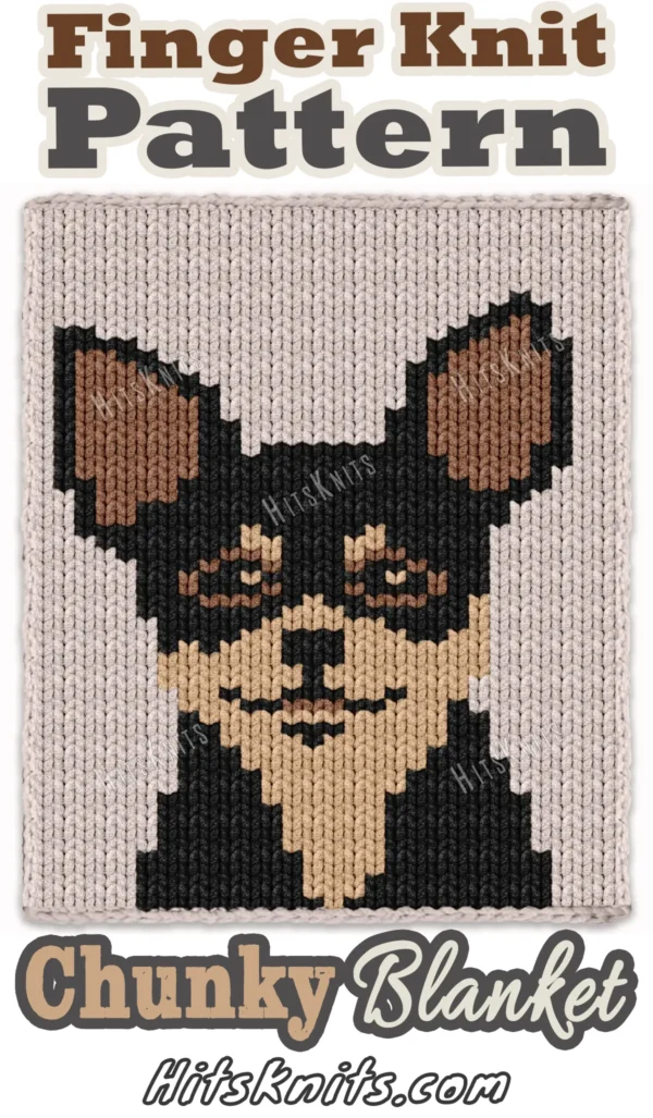 Chihuahua Finger Knit Blanket Pattern - a black and tan chihuahua face with large pointed ears, caramel inner ears, black mask and beige muzzle, on an ivory background, 4-color colorwork graphghan.