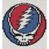 Steal Your Face Finger Knit Blanket Pattern - Grateful Dead Stealie skull with a thirteen-point red and blue lightning bolt in a black circle on ivory, worked in stockinette colorwork with 4 colors: Ivory, Black, Red, Blue.