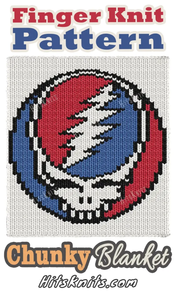 Steal Your Face Finger Knit Blanket Pattern - Grateful Dead Stealie skull with a thirteen-point red and blue lightning bolt in a black circle on ivory, worked in stockinette colorwork with 4 colors: Ivory, Black, Red, Blue.