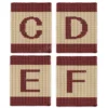 Alphabet Letter Finger Knitting Pattern - a bold burgundy letter on a cream field with burgundy stripes top and bottom, worked in stockinette colorwork intarsia with 2 colors: Burgundy, Cream.