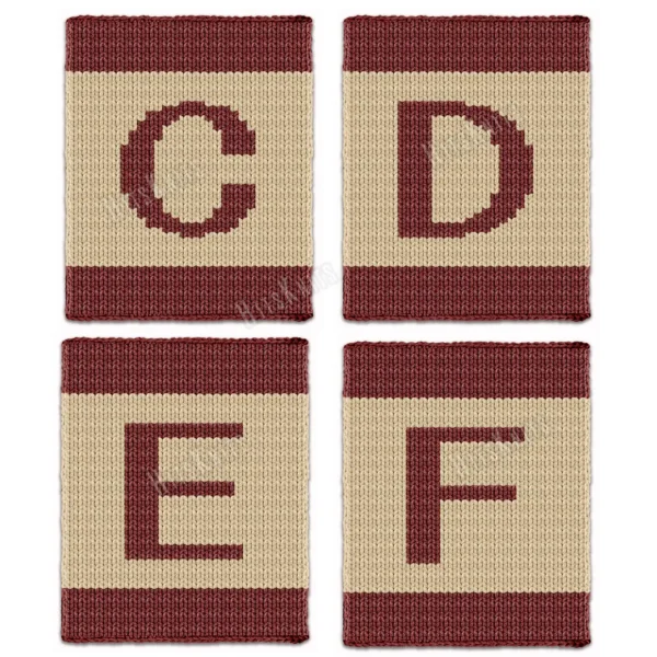 Alphabet Letter Finger Knitting Pattern - a bold burgundy letter on a cream field with burgundy stripes top and bottom, worked in stockinette colorwork intarsia with 2 colors: Burgundy, Cream.
