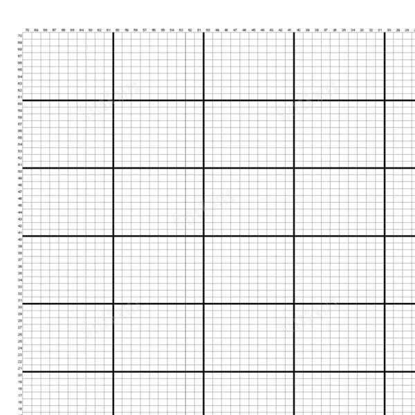 Free Printable Blank Knitting Chart 70x70 showing a blank square grid numbered 1 to 70 on all sides with bold guide lines every 10 squares, for designing your own knitting motifs.