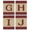 Alphabet Letter Finger Knitting Pattern - a bold burgundy letter on a cream field with burgundy stripes top and bottom, worked in stockinette colorwork intarsia with 2 colors: Burgundy, Cream.