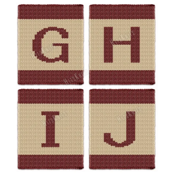 Alphabet Letter Finger Knitting Pattern - a bold burgundy letter on a cream field with burgundy stripes top and bottom, worked in stockinette colorwork intarsia with 2 colors: Burgundy, Cream.