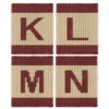 Alphabet Letter Finger Knitting Pattern - a bold burgundy letter on a cream field with burgundy stripes top and bottom, worked in stockinette colorwork intarsia with 2 colors: Burgundy, Cream.