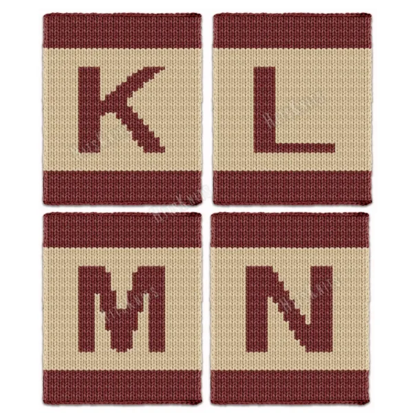 Alphabet Letter Finger Knitting Pattern - a bold burgundy letter on a cream field with burgundy stripes top and bottom, worked in stockinette colorwork intarsia with 2 colors: Burgundy, Cream.