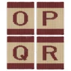Alphabet Letter Finger Knitting Pattern - a bold burgundy letter on a cream field with burgundy stripes top and bottom, worked in stockinette colorwork intarsia with 2 colors: Burgundy, Cream.