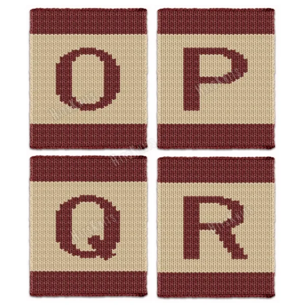 Alphabet Letter Finger Knitting Pattern - a bold burgundy letter on a cream field with burgundy stripes top and bottom, worked in stockinette colorwork intarsia with 2 colors: Burgundy, Cream.