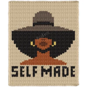 Self Made Woman Blanket Knitting Pattern chart of an African American woman in a wide brim hat with gold hoop earrings, framed by a dark silhouette above bold SELF MADE lettering, in cream, black, caramel, tan, brown and gold.
