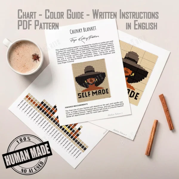 Self Made Woman Blanket Knitting Pattern chart of an African American woman in a wide brim hat with gold hoop earrings, framed by a dark silhouette above bold SELF MADE lettering, in cream, black, caramel, tan, brown and gold.
