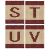 Alphabet Letter Finger Knitting Pattern - a bold burgundy letter on a cream field with burgundy stripes top and bottom, worked in stockinette colorwork intarsia with 2 colors: Burgundy, Cream.