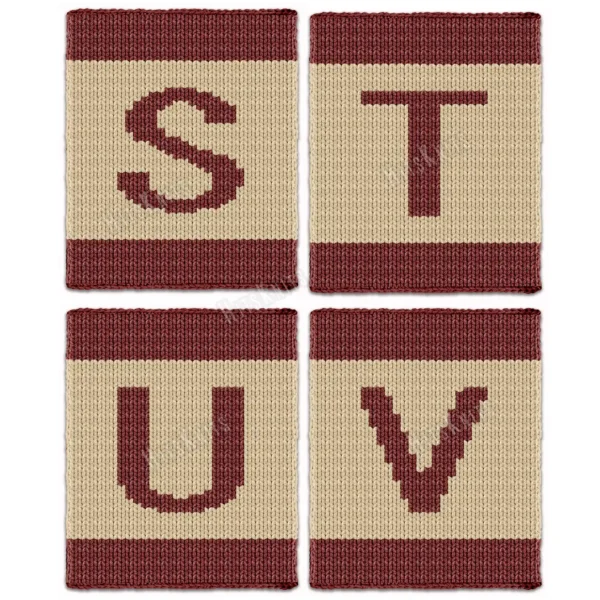 Alphabet Letter Finger Knitting Pattern - a bold burgundy letter on a cream field with burgundy stripes top and bottom, worked in stockinette colorwork intarsia with 2 colors: Burgundy, Cream.