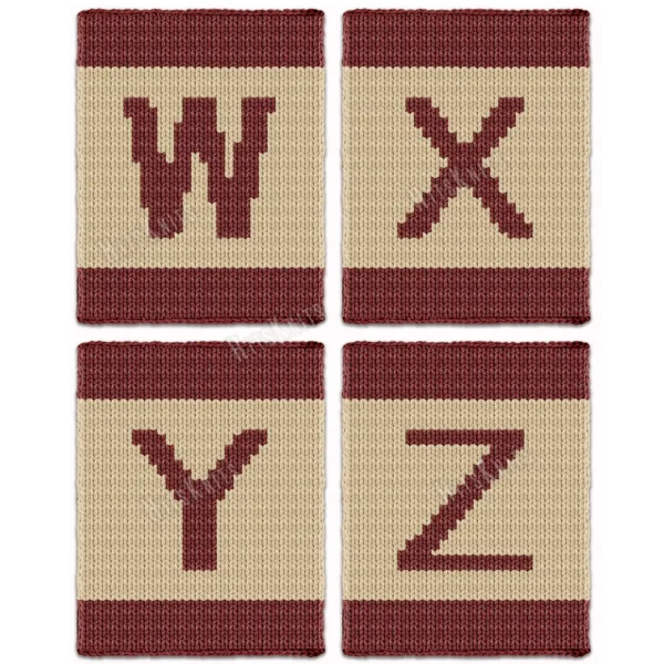 Alphabet Letter Finger Knitting Pattern - a bold burgundy letter on a cream field with burgundy stripes top and bottom, worked in stockinette colorwork intarsia with 2 colors: Burgundy, Cream.