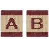Alphabet Letter Finger Knitting Pattern - a bold burgundy letter on a cream field with burgundy stripes top and bottom, worked in stockinette colorwork intarsia with 2 colors: Burgundy, Cream.