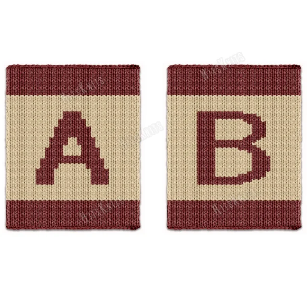Alphabet Letter Finger Knitting Pattern - a bold burgundy letter on a cream field with burgundy stripes top and bottom, worked in stockinette colorwork intarsia with 2 colors: Burgundy, Cream.
