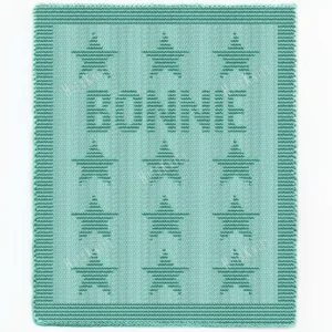 Bonnie Baby Name Blanket Knitting Pattern showing the name Bonnie in textured knit and purl lettering with rows of stars, on a solid mint green blanket with a garter stitch border, worked in one color, 100 stitches x 190 rows.